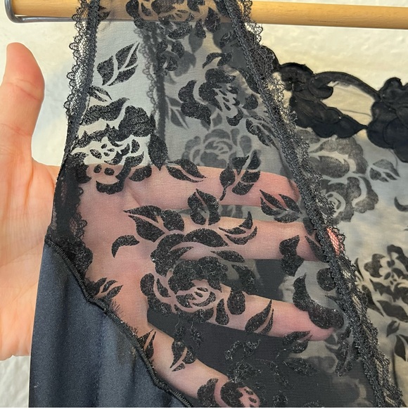 Vintage Slip Dress Black Satin Mesh Embroidered Goth Gothic Whimsigoth Small S - Picture 9 of 14